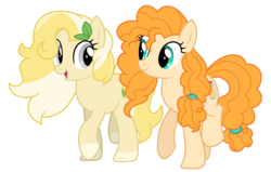 Size: 7259x4609 | Tagged: safe, artist:blue-vector, pear butter, oc, oc:radler, earth pony, pony, g4, absurd resolution, cute, duo, female, mare, show accurate, simple background, transparent background, vector