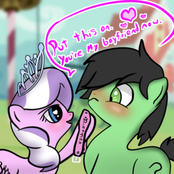 Size: 1920x1920 | Tagged: safe, artist:undisputed, diamond tiara, oc, oc:anon, oc:colt anon, earth pony, pony, g4, blushing, collar, colt, dialogue, drawthread, embarrassed, female, femdom, filly, heart, heart eyes, jewelry, male, straight, tiara, wingding eyes