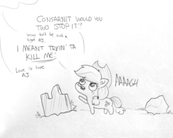 Size: 1280x1026 | Tagged: safe, artist:tjpones, applejack, earth pony, pony, g4, anvil, black and white, dialogue, ear fluff, female, grayscale, implied flutterdash, implied fluttershy, implied lesbian, implied rainbow dash, implied shipping, lineart, monochrome, offscreen character, raised hoof, simple background, solo, traditional art