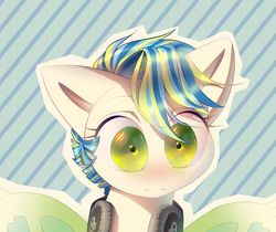 Size: 3000x2525 | Tagged: safe, artist:klooda, oc, oc only, pony, blushing, bust, commission, eyes open, fringe, green eyes, headphones, high res, highlights, lashes, line, lineart, portrait, puzzled, solo, stripes, surprised, wings, ych result