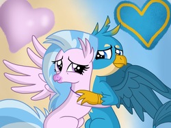 Size: 2732x2048 | Tagged: safe, artist:justsomepainter11, gallus, silverstream, classical hippogriff, griffon, hippogriff, g4, season 8, what lies beneath, duo, female, heart, high res, hug, male, scene interpretation, ship:gallstream, shipping, show accurate, silverstream hugs gallus, smiling, straight