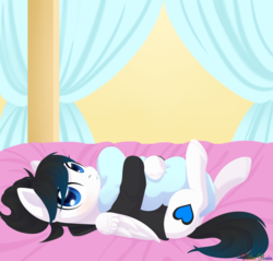 Size: 3000x2868 | Tagged: safe, artist:nika-rain, oc, oc only, oc:ice energy, pegasus, pony, bed, clothes, femboy, high res, hoodie, looking at you, lying, male, pillow, solo, ych result