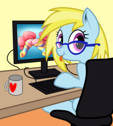 Size: 3243x3602 | Tagged: safe, artist:blue-vector, artist:heavymetalbronyyeah, artist:infrayellow, oc, oc only, oc:cloud cuddler, pegasus, pony, :p, caught, chair, clothes, computer, cup, desk, female, glasses, high res, keyboard, looking at you, looking back, looking back at you, mare, mug, pegasus oc, scrunchy face, silly, socks, solo, striped socks, tongue out, trace, vector