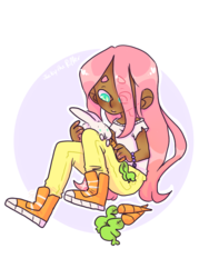 Size: 768x1024 | Tagged: safe, artist:jackytheripperart, angel bunny, fluttershy, human, g4, beanbrows, bracelet, carrot, converse, cute, dark skin, eye clipping through hair, eyebrows, female, food, humanized, jewelry, shoes, shyabetes, sneakers