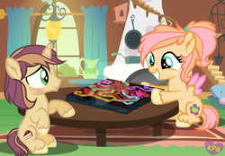 Size: 1024x713 | Tagged: safe, artist:kittypaint08, oc, oc:apple flower, oc:big cake, pegasus, pony, unicorn, board game, brother and sister, colt, dragon pit, duo, female, filly, fluttershy's cottage (interior), half-siblings, male, offspring, parent:big macintosh, parent:fluttershy, parent:sugar belle, parents:fluttermac, parents:sugarmac, unshorn fetlocks