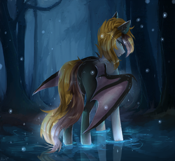 Size: 2500x2300 | Tagged: safe, artist:alicesmitt31, oc, oc only, oc:aeon, bat pony, pony, bat pony oc, bat wings, digital art, female, forest, high res, looking back, mare, scenery, signature, solo, tree, water