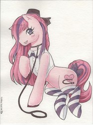 Size: 2128x2848 | Tagged: safe, artist:human toaster, oc, oc only, oc:sweet haze, pony, clothes, collar, cutie mark, hat, high res, leash, pet play, socks, striped socks, traditional art