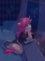 Size: 1190x1600 | Tagged: safe, alternate version, artist:brazhnik, oc, oc only, oc:tarot, classical unicorn, unicorn, anthro, plantigrade anthro, anthro oc, balcony, bed, bedroom, book, clothes, curved horn, digital art, ear piercing, female, floppy ears, freckles, happy, horn, leonine tail, long mane, long tail, mare, night, night sky, palomino, piercing, pink mane, shirt, shorts, sky, smiling, solo, stars, t-shirt, window, ych result