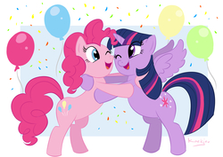 Size: 3508x2480 | Tagged: safe, artist:koekjen, pinkie pie, twilight sparkle, alicorn, earth pony, pony, g4, balloon, female, high res, hug, lesbian, mare, ship:twinkie, shipping, twilight sparkle (alicorn)