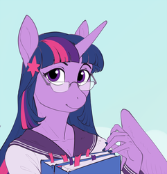 Size: 788x817 | Tagged: safe, artist:ladychimaera, twilight sparkle, alicorn, anthro, g4, book, clothes, female, glasses, looking at you, mare, nail polish, school uniform, solo, twilight sparkle (alicorn)