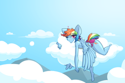 Size: 3000x2000 | Tagged: safe, artist:limebreaker, rainbow dash, pegasus, anthro, unguligrade anthro, g4, cloud, female, high res, looking at you, solo
