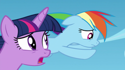 Size: 1280x720 | Tagged: safe, screencap, rainbow dash, twilight sparkle, alicorn, pony, g4, the washouts (episode), duo, female, flying, mare, open mouth, twilight sparkle (alicorn)