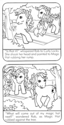 Size: 325x634 | Tagged: safe, official comic, curly locks, magic hat, rob rabbit, pony, comic:my little pony (g1), g1, official, bow, brush and grow pony, butt, coloring page, comic, cropped, horses doing horse things, innocent innuendo, looking at each other, magic message ponies, monochrome, out of context, plot, rob rabbit's royal command performance, rubbing, tail bow, touched her rump, tree