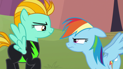 Size: 1280x720 | Tagged: safe, screencap, lightning dust, rainbow dash, pegasus, pony, g4, the washouts (episode), clothes, duo, female, mare, smiling, smirk, spread wings, uniform, washouts uniform