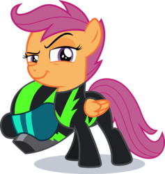Size: 2831x2989 | Tagged: safe, artist:phucknuckl, scootaloo, pegasus, pony, g4, the washouts (episode), clothes, female, filly, helmet, high res, lidded eyes, pint-sized dynamite, raised eyebrow, simple background, solo, transparent background, uniform, vector, washouts uniform