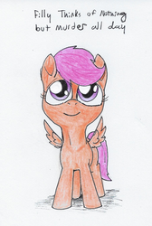 Size: 521x777 | Tagged: safe, artist:t72b, derpibooru exclusive, scootaloo, pony, g4, cute, cutealoo, female, filly, looking up, pure unfiltered evil, solo, text, traditional art