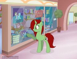 Size: 2962x2274 | Tagged: safe, artist:raspberrystudios, oc, oc only, pony, unicorn, book, bookshelf, bookstore, female, high res, mall, mare, plant, reflection, smiling