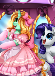 Size: 2550x3509 | Tagged: safe, artist:pridark, rarity, oc, oc:runa, pony, unicorn, g4, beautiful, bow, carousel boutique, clothes, commission, dress, duo, female, hair bow, hair over one eye, high res, mare, mirror, open mouth, pretty