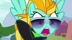 Size: 1280x720 | Tagged: safe, screencap, lightning dust, pegasus, pony, g4, the washouts (episode), clothes, faic, female, full body wing and hoof cast drinking through a straw, imitation, impersonating, mare, open mouth, solo, sunglasses, uniform, washouts uniform