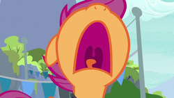 Size: 1280x720 | Tagged: safe, screencap, scootaloo, pony, g4, the washouts (episode), female, filly, foal, mawshot, nose in the air, open mouth, solo, uvula, volumetric mouth