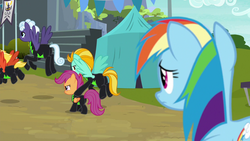 Size: 1280x720 | Tagged: safe, screencap, lightning dust, rainbow dash, rolling thunder, scootaloo, short fuse, pegasus, pony, the washouts (episode), butt, clothes, concerned, eye scar, female, filly, flying, foal, mare, plot, scar, tattoo, the washouts, uniform, washouts uniform