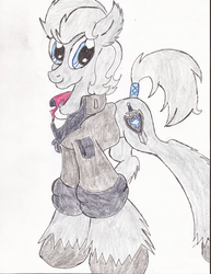 Size: 1700x2200 | Tagged: safe, artist:wyren367, oc, oc only, oc:claymore, clothes, colored pencil drawing, ear fluff, jacket, looking at you, male, military, military pony, military uniform, simple background, stallion, tail band, traditional art, unshorn fetlocks