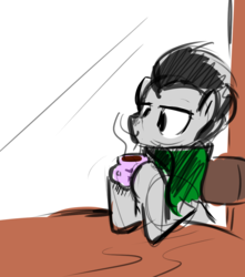 Size: 948x1074 | Tagged: safe, artist:christheblue, lucky clover, earth pony, pony, g4, background pony, chair, clothes, coffee, colored, colored sketch, cup, male, mug, scarf, simple background, sketch, stallion, table, window