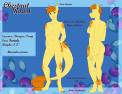 Size: 1024x794 | Tagged: safe, artist:blackblood-queen, oc, oc only, oc:chestnut roast, dracony, hybrid, anthro, digitigrade anthro, anthro oc, ass, breasts, butt, commission, featureless breasts, featureless crotch, female, freckles, nudity, rear view, reference sheet, smiling, solo