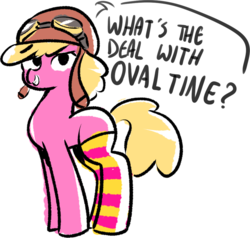 Size: 970x924 | Tagged: safe, artist:christheblue, cherry berry, earth pony, pony, g4, aviator goggles, aviator hat, background pony, cigar, clothes, colored, dialogue, female, hat, legwear, mare, missing cutie mark, reference, seinfeld, simple background, smoking, socks, solo, striped socks