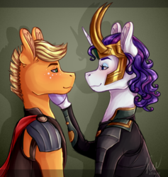 Size: 3318x3500 | Tagged: safe, artist:kayotanv87, applejack, rarity, pony, g4, crossover, female, high res, incest, lesbian, loki, marvel, ship:rarijack, shipping, thor, thorki