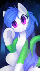 Size: 1090x1938 | Tagged: safe, artist:scarlet-spectrum, oc, oc only, dracony, hybrid, pony, commission, cute, cute little fangs, digital art, fangs, female, frog (hoof), looking at you, mare, slit pupils, smiling, solo, underhoof