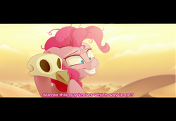 Size: 3504x2412 | Tagged: safe, artist:batonya12561, pinkie pie, pony, g4, my little pony: the movie, angry, crazy face, dead, desert, desert sun madness, faic, female, high res, letterboxing, sand, scene interpretation, skull, solo, sweat, widescreen