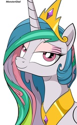 Size: 2785x4535 | Tagged: safe, artist:monsterglad, princess celestia, alicorn, pony, g4, spoiler:comic, comic style, cute, female, i can't believe it's not idw, lidded eyes, mare, signature, simple background, smiling, style emulation, white background