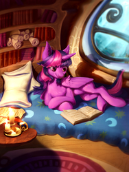 Size: 3000x4000 | Tagged: safe, artist:angusdra, twilight sparkle, alicorn, pony, g4, bed, book, candle, female, golden oaks library, mare, pillow, reading, scroll, solo, twilight sparkle (alicorn), window