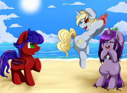 Size: 2494x1816 | Tagged: safe, artist:pridark, oc, oc only, bat pony, pony, unicorn, bat pony oc, beach, beach ball, bipedal, chest fluff, commission, eyes closed, ocean, one eye closed, open mouth