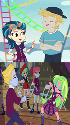 Size: 636x1138 | Tagged: safe, screencap, drama letter, gold rush (g4), indigo zap, lemon zest, lemonade blues, melon mint, suri polomare, watermelody, equestria girls, equestria girls series, g4, my little pony equestria girls: friendship games, rollercoaster of friendship, background human, clothes, cropped, dancing, end credits, female, goggles, male, right there in front of me, roller coaster, ship:goldzap, shipping, skirt, spoiler, straight, that face, the club can't even handle me right now, zestblue