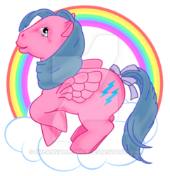 Size: 400x414 | Tagged: safe, artist:dreamvalleymlp, firefly, pegasus, pony, g1, cloud, female, obtrusive watermark, rainbow, simple background, solo, transparent background, watermark