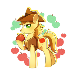 Size: 1600x1600 | Tagged: safe, artist:dun, braeburn, earth pony, pony, g4, apple, cowboy hat, food, hat, looking at you, male, pixiv, smiling, solo, stallion, stetson