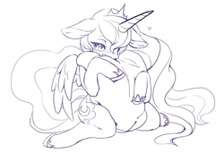 Size: 920x629 | Tagged: safe, artist:yoona, princess luna, alicorn, pony, g4, blushing, crown, female, floppy ears, horseshoes, hug, jewelry, monochrome, pillow, pillow hug, regalia, solo