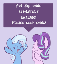 Size: 1280x1450 | Tagged: safe, artist:typhwosion, starlight glimmer, trixie, pony, unicorn, g4, cute, dialogue, diatrixes, duo, eyes closed, female, glimmerbetes, mare, motivational, positive ponies, purple background, simple background, wholesome