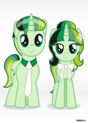 Size: 3513x4940 | Tagged: safe, artist:cakonde, oc, oc only, oc:alpha tea, oc:camellia yasmina, pony, unicorn, alphellia, bangs, collar, cute, duo, female, jasmine, looking at you, male, mare, necktie, simple background, smiling, stallion, standing, standing on one leg, standing up
