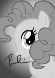 Size: 5000x7100 | Tagged: safe, artist:dzejpi, pinkie pie, earth pony, pony, g4, absurd resolution, autograph, black and white, bust, female, grayscale, monochrome, photo, portrait, poster, solo, vector