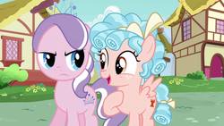 Size: 960x540 | Tagged: safe, cozy glow, diamond tiara, earth pony, pegasus, pony, g4, bow, duo, duo female, female, filly, foal, hair bow, hoof on chest, jewelry, ringlets, smiling, tail bow, tiara, unamused