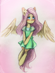 Size: 2976x3968 | Tagged: safe, artist:zefirka, fluttershy, semi-anthro, blush sticker, blushing, clothes, dress, female, flower, flower in hair, looking away, solo, spread wings, traditional art, wings