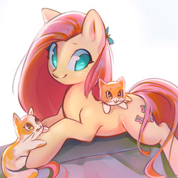 Size: 1125x1125 | Tagged: safe, artist:mirroredsea, fluttershy, cat, pegasus, pony, g4, cute, female, kitten, lying down, mare, no pupils, prone, shyabetes, solo, tongue out