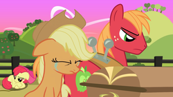 Size: 1280x720 | Tagged: safe, apple bloom, applejack, big macintosh, earth pony, pony, g4, casket, crying, duckery in the description, female, filly, implied death, implied granny smith, male, mare, stallion