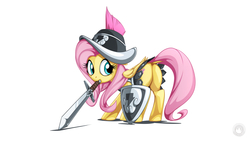Size: 1920x1080 | Tagged: safe, artist:mysticalpha, fluttershy, private pansy, pegasus, pony, g4, armor, butt, female, flutterbutt, looking back, mare, plot, shield, simple background, solo, sword, weapon, white background