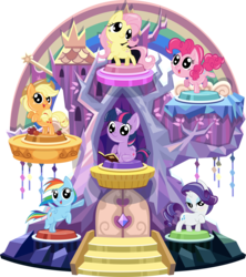 Size: 4031x4541 | Tagged: safe, artist:phucknuckl, budge studios, part of a set, applejack, fluttershy, pinkie pie, rainbow dash, rarity, twilight sparkle, alicorn, earth pony, pegasus, pony, unicorn, g4, my little pony pocket ponies, absurd resolution, apple, castle, chibi, female, food, inkscape, mane six, rainbow, simple background, transparent background, twilight sparkle (alicorn), vector