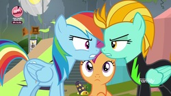 Size: 1920x1080 | Tagged: safe, screencap, lightning dust, rainbow dash, scootaloo, pony, g4, the washouts (episode), clothes, long time no see, nose to nose, rivalry, uniform, washouts uniform