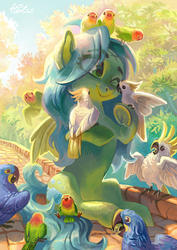 Size: 2059x2913 | Tagged: safe, artist:holivi, oc, oc:cloud-up, bird, cockatoo, earth pony, hyacinth macaw, macaw, parrot, pony, g4, commission, eye clipping through hair, female, high res, lovebird, mare, one eye closed, sky, smiling, tree